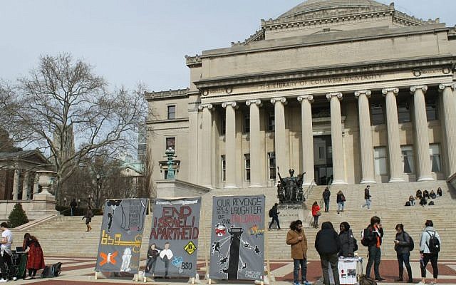 Illustrative: Anti-Israel students at Columbia University erected a mock 'apartheid wall' in front of the iconic Low Library steps during Israel Apartheid Week, March 3, 2016. (Uriel Heilman/JTA/File)