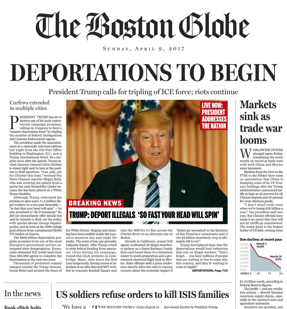 This image shows a portion of a satirical front page of The Boston Globe published on the newspaper's website on Saturday, April 9, 2016. (AFP PHOTO / Karen BLEIER)