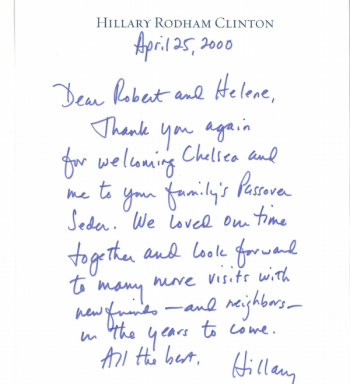 Hillary Clinton’s letter to the Fine family after attending their Passover seder in 2000. (Courtesy of Bob Fine via JTA)