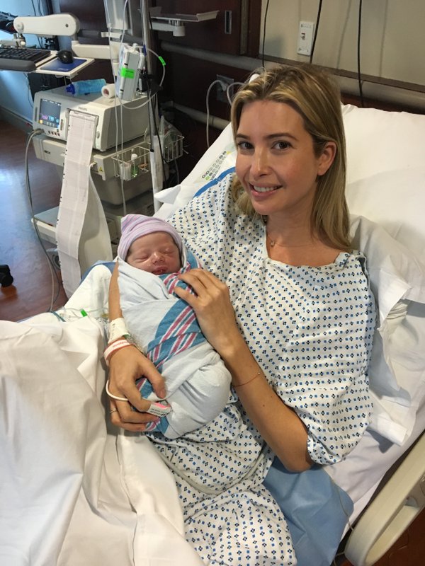 Ivanka Trump with her new-born son Theodore, March 2016 (via Twitter)