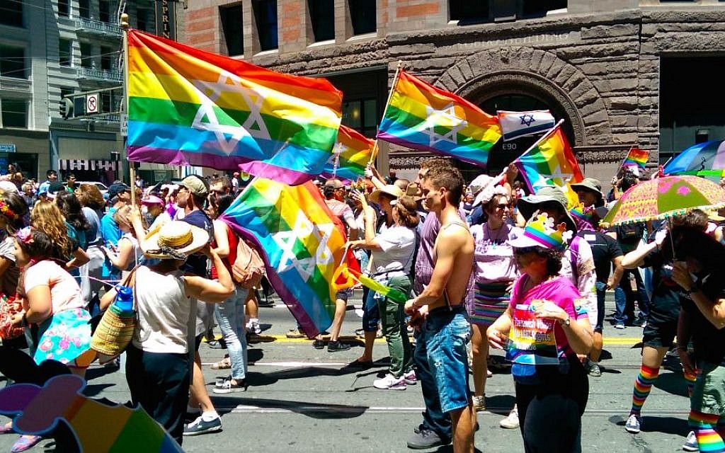 Participants in the San Francisco Pride Parade showing their Jewish and Israeli pride, June 30, 2014. (Wikimedia Commons/via JTA)