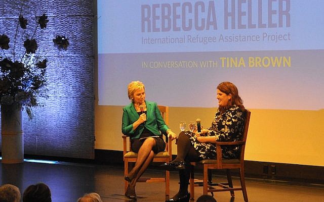 Publisher Tina Brown, left, interviewing Rebecca Heller, co-founder and director of the International Refugee Assistance Project, at an event in New York honoring Heller as the 2015 recipient of The Charles Bronfman Prize, April 4, 2016. (Bill Stanton)