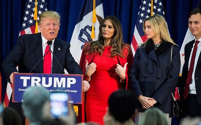 Donald Trump speaking during a campaign rally with, from left to right, his wife Melania Trump, Ivanka Trump and her husband, Jared Kushner, in Waterloo, Iowa, Feb. 1, 2016. (JTA/Samuel Corum/Anadolu Agency/Getty Images)
