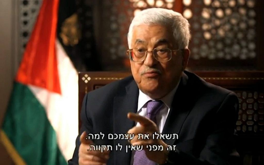 Palestinian Authority President Mahmoud Abbas talks to Channel 2 in an interview aired on Thursday, March 31, 2016 (screen capture)
