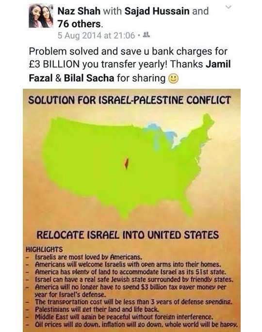 A 2014 post by Labour MP Naz Shah, calling for Israel to be relocated to the US (Screen capture: order-order.com)