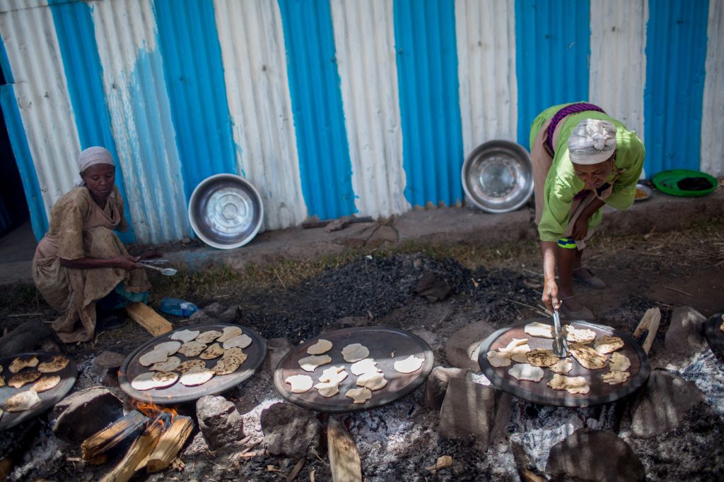 Members of Gondar's Jewish community prepare matzah before Passover on April 20, 2016. (Miriam Alster/Flash90)