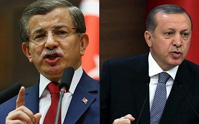 This combination of pictures shows Turkish Prime Minister and leader of Turkey's ruling party, the Justice and Development Party (AKP) Ahmet Davutoglu (left) in Ankara on May 3, 2016 and Turkish President Recep Tayyip Erdogan (right) delivering a speech in Ankara on February 24, 2016 (ADEM ALTAN / AFP)