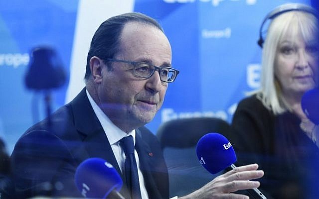 France's President Francois Hollande speaks during a morning radio show on France's Europe 1 station in Paris, May 17, 2016. (AFP/Miguel Medina/Pool)