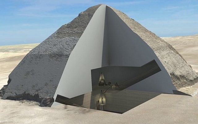 A 3-D cutaway shows the interior of the Bent Pyramid.
(Egyptian Ministry of Antiquities, HIP Institute and the Faculty of Engineering at Cairo University)