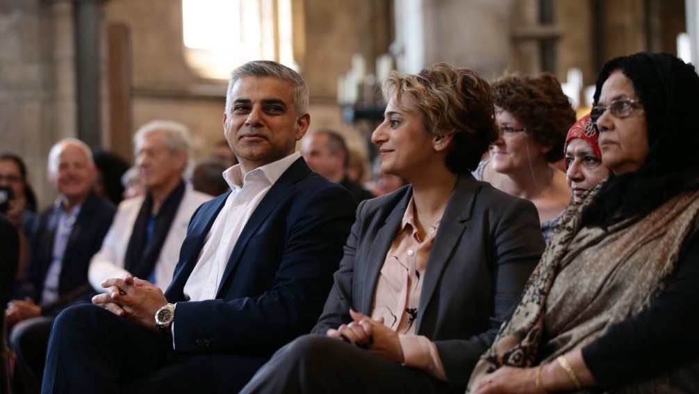 London's new mayor Sadiq Khan and his wife Saadiya attend the official signing ceremony in Southwark Cathedral, London, Saturday May 7, 2016.  (Yui Mok/Pool via AP) 