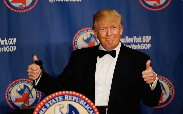Donald Trump attending the 2016 New York State Republican Gala in New York City, April 14, 2016. (Eduardo Munoz Alvarez/Getty Images via JTA)