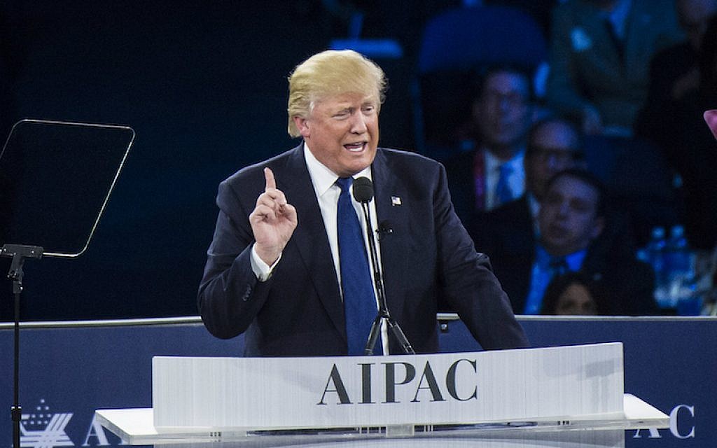 Republican presidential candidate Donald Trump speaks at the American Israel Public Affairs Committee Policy Conference in Washington, DC, March 21, 2016. (Jabin Botsford/The Washington Post via Getty Images via JTA)