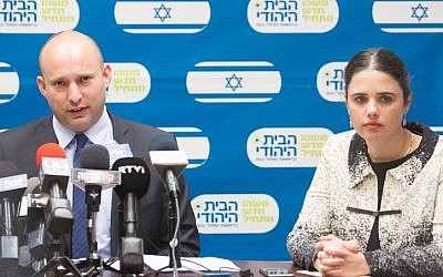Education Minister Naftali Bennett (L) and Justice Minister Ayelet Shaked (R) at the weekly Jewish Home party meeting at the Knesset in Jerusalem on February 29, 2016. (Miriam Alster/Flash90)