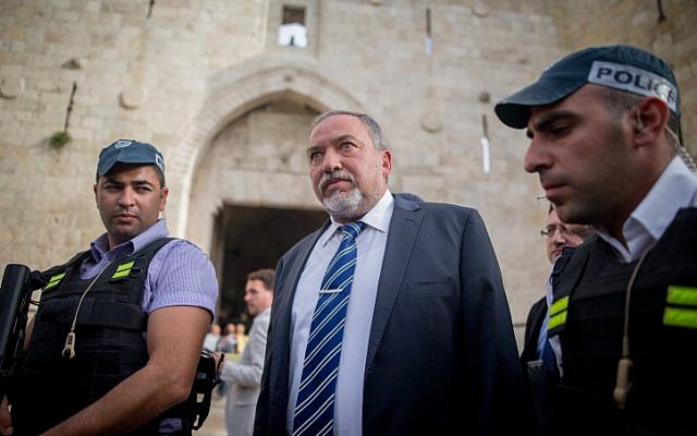 MK Avigdor Liberman visits the Damascus Gate in Jerusalem's Old City, following a terror attack, on March 9, 2016. (Yonatan Sindel/Flash90)
