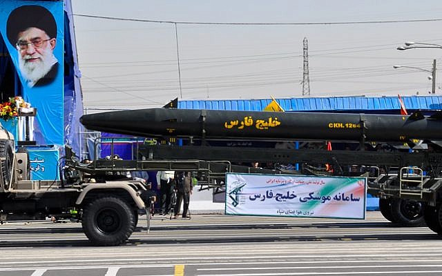 A Khalij Fars ballistic missile on a transporter during a military parade in Iran. (Iranian military/CC BY-SA 3.0/WikiMedia)