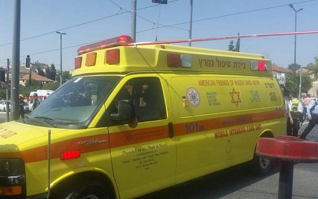 Illustrative: A Magen David Adom ambulance takes a wounded Israeli man to the hospital after he'd been stabbed on Jerusalem's HaNevi'im street on May 16, 2016. (Magen David Adom)