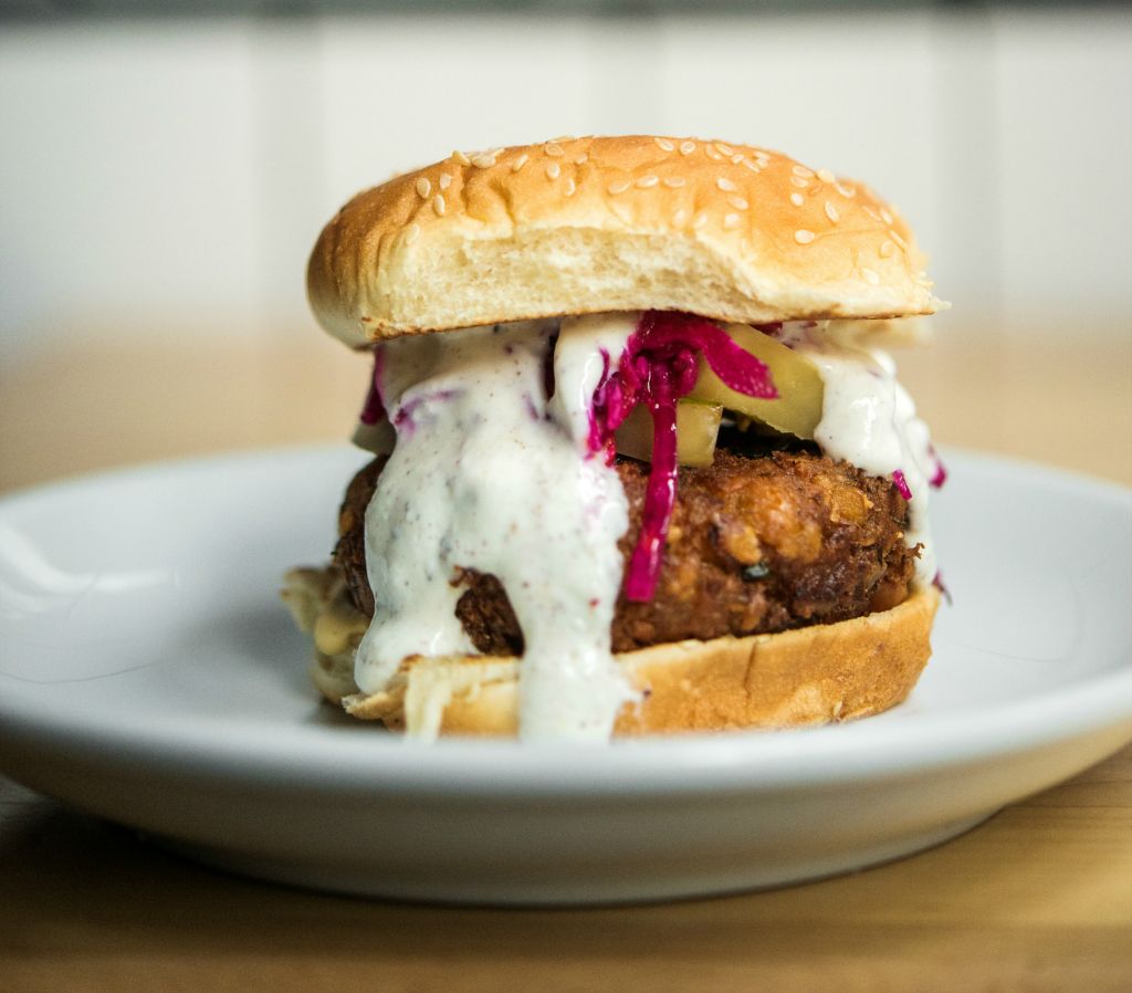 Mile End Deli offers contemporary-meets-traditional fare, such as the falafel burger (Daniel Krieger)