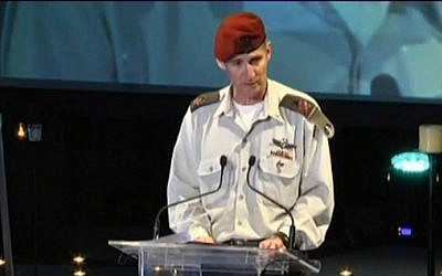 Deputy IDF Chief of Staff Yair Golan speaks at Holocaust Remembrance ceremony on May 5, 2016 (Channel 10 news)