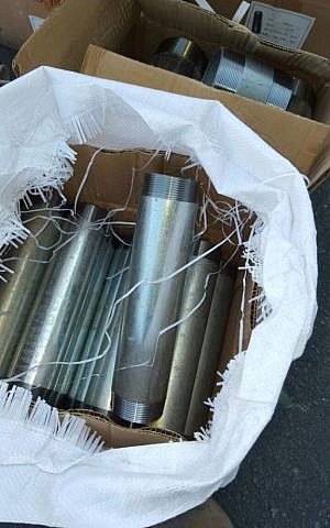 Metal pipes discovered by Israeli authorities as they were en route to the Gaza Strip on May 26, 2016. (Defense Ministry)