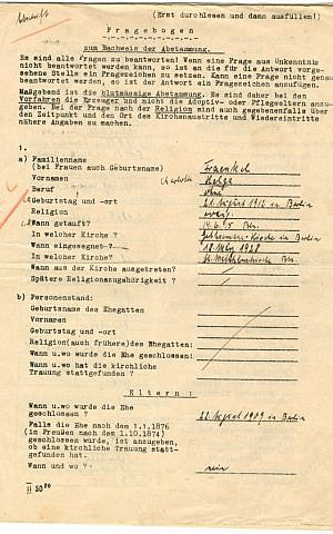Helga Fräenkel’s Fragenbogen zum Nachweis der Abstammung (Helga Fräenkel’s Questionnaire for Establishing Paternity), 1938-39. (The Museum of World War II, Boston/New-York Historical Society)