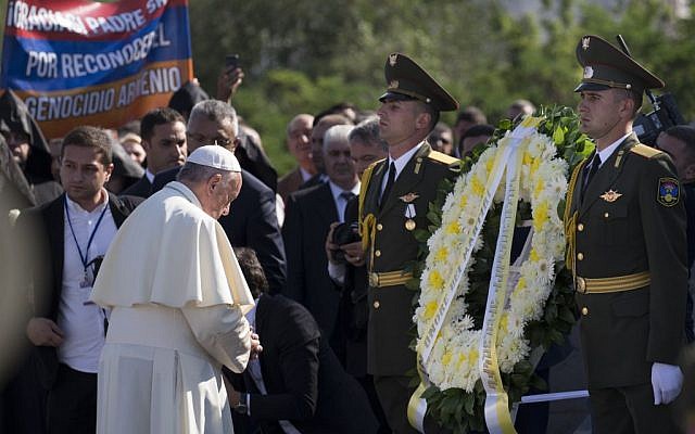 Pope Francis attends a ceremony at a memorial to Armenians killed by the Ottoman Turks in Yerevan, Armenia, Saturday, June 25, 2016. (AP/Alexander Zemlianichenko)
