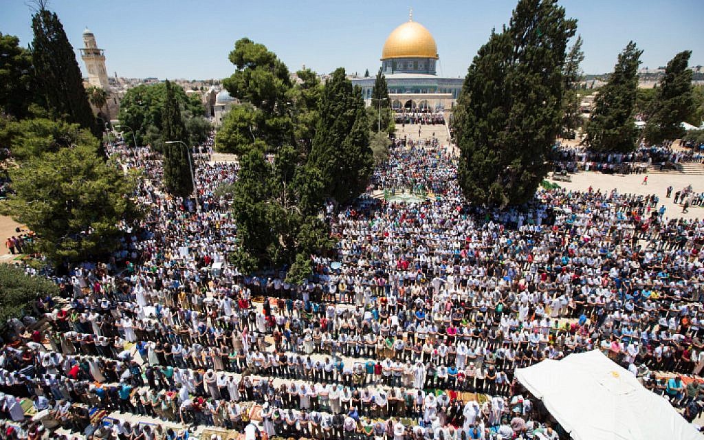 Thousands of Muslims pray in front of the Dome of the Rock on the compound known to Muslims as al-Haram al-Sharif and to Jews as Temple Mount during the second Friday of the holy month of Ramadan in Jerusalem's Old City, June 17, 2016. (Suliman Khader/Flash90)