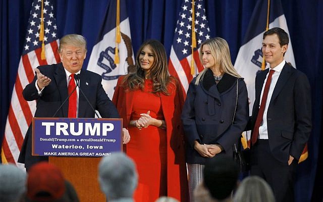 Republican presidential candidate Donald Trump, accompanied by, from second from left, wife Melania, daughter Ivanka her husband Jared Kushner, speaks during a campaign event in Waterloo, Iowa, February 1, 2016. (AP/Paul Sancya)