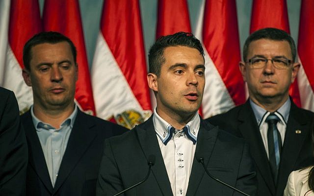 Chairman of the radical nationalist Jobbik party Gabor Vona, delivers a speech after the parliamentary elections in the Budapest Congress Centre in Budapest, Hungary,  April 6, 2014. (AP Photo/MTI, Janos Marjai)
