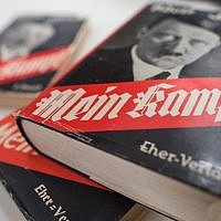 Illustrative: A German edition of Adolf Hitler's 'Mein Kampf' ('My Struggle') on display at the Institute for Contemporary History in Munich, December 11, 2015. (Matthias Balk/dpa via AP, File)