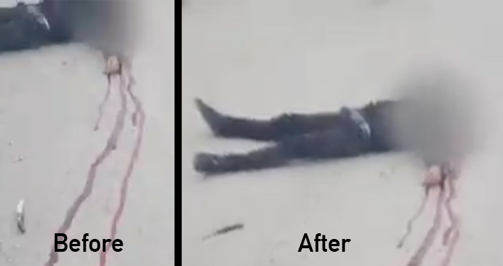 A 'before and after' comparison of the knife's placement during an incident in Hebron in which a soldier was filmed shooting an incapacitated Palestinian assailant in the head nearly 15 minutes after a stabbing attack on March 24, 2016. (screen captures: Channel 2)