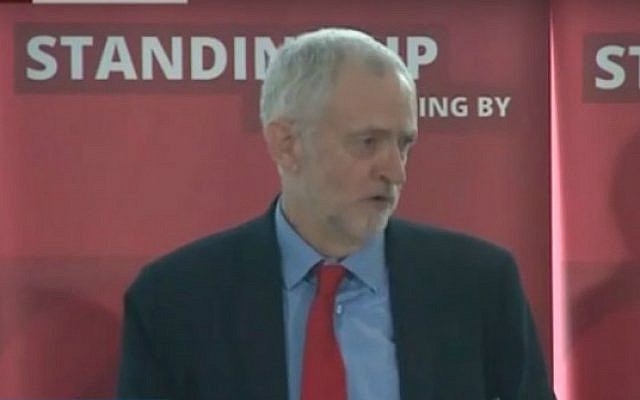 British Labour leader Jeremy Corbyn discusses the party's anti-Semitism inquiry during a speech in London on June 30 2016 (screen capture: YouTube)