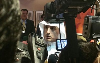 Saudi Foreign Minister Adel al-Jubeir talks to reporters at an international summit on the Israeli-Palestinian peace process in Paris on June 3, 2016 (Suha Halifa)