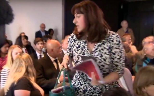 British Jewish Labour MP Ruth Smeeth walks out of the launch of the party's anti-Semitism report in London on June 30, 2016, after a Jeremy Corbyn supporter accuses her of controlling the media (screen capture: YouTube)