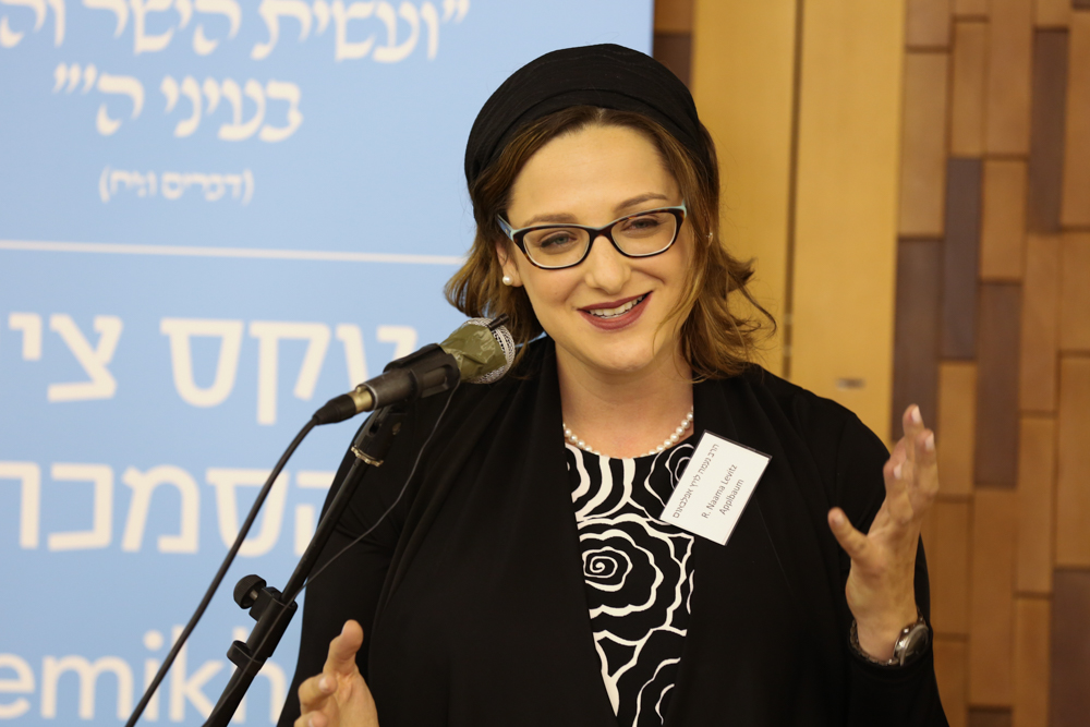 Rabbi Naama Levitz Applbaum speaks at her ordination ceremony in Jerusalem on June 7, 2016. (Naama Marinberg)