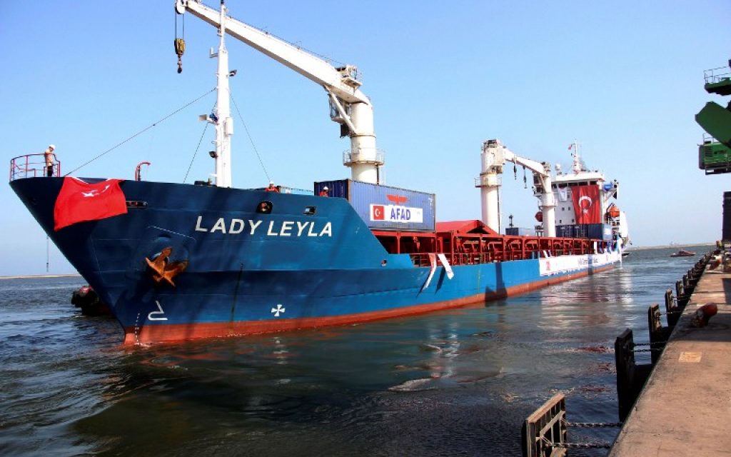 A picture taken on July 1, 2016 shows the Panama flagged ship Lady Leyla setting off from the southern port of Mersin. (AFP PHOTO / IHLAS NEWS AGENCY / HUSEYIN KAR)