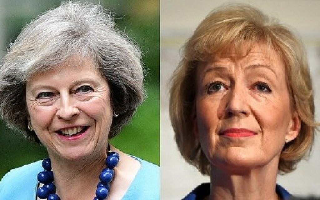 British Conservative Party leadership candidate Theresa May (L) arrives to attend a cabinet meeting at 10 Downing Street in central London on June 27, 2016 and British Conservative Party leadership candidate Andrea Leadsom (R) delivers a speech to launch her bid to become the Conservative party leader in London on July 4, 2016. (Ben Stansall/Leon Neal/AFP)