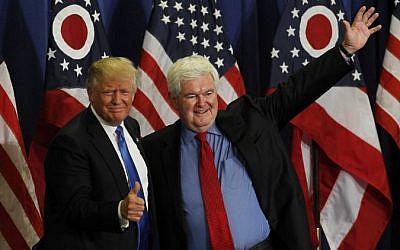 Former Speaker of the House Newt Gingrich (R) introduces Republican Presidential candidate Donald Trump during a rally at the Sharonville Convention Center July 6, 2016, in Cincinnati, Ohio. (John Sommers II/Getty Images/AFP)