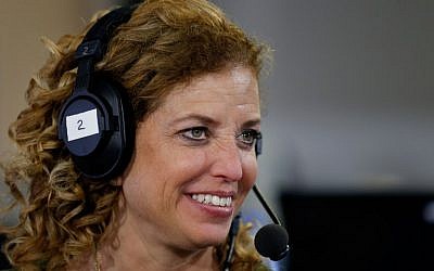 Debbie Wasserman Schultz, chair of the Democratic National Committee, being interviewed at Quicken Loans Arena on July 20, 2016 in Cleveland, Ohio.  (Kirk Irwin/Getty Images for SiriusXM/AFP)
