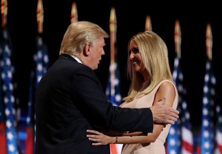 Republican presidential candidate Donald Trump walks on stage after his daughter, Ivanka Trump, introduced him during the evening session on the fourth day of the Republican National Convention on July 21, 2016 at the Quicken Loans Arena in Cleveland, Ohio. (Joe Raedle/Getty Images/AFP)