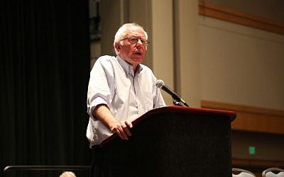 Vermont senator Bernie Sanders addresses delegates in Philadelphia on July 25, 2016 (Eric Cortellessa/Times of Israel)