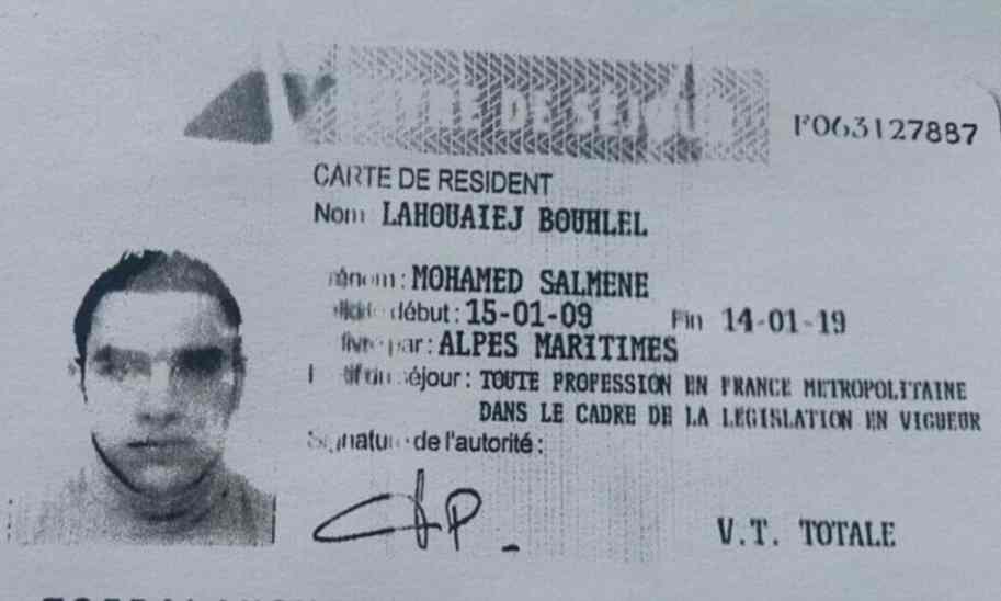 An ID card in the name of terror suspect Mohamed Lahouaiej-Bouhlel, alleged to have killed more than 80 people in Nice on July 14, 2016 (Courtesy)