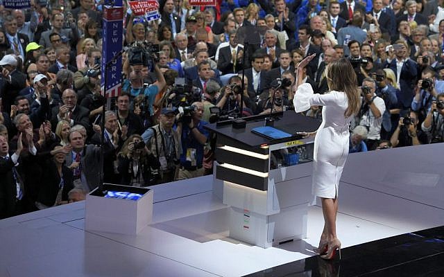 Melania Trump, wife of Republican presidential candidate Donald Trump, waves to the delegates after her speech during the opening day of the Republican National Convention in Cleveland, Ohio, Monday, July 18, 2016. (AP Photo/Mark J. Terrill)