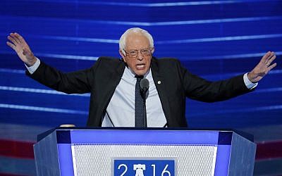 Former Democratic presidential candidate, Sen. Bernie Sanders, I-Vt., speaking during the first day of the Democratic National Convention in Philadelphia, Monday, July 25, 2016. (AP Photo/J. Scott Applewhite)