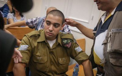 IDF soldier Elior Azaria appears in Jaffa Military Court on July 5, 2016 for a hearing as part of his manslaughter trial for shooting a disarmed Palestinian terrorist in Hebron in March. (Photo by Flash90)