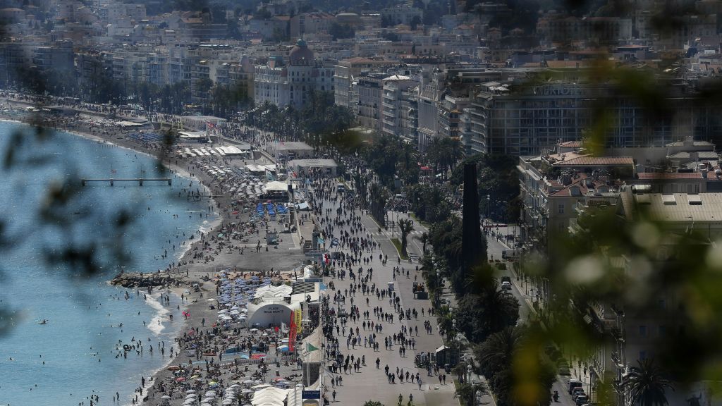 View of the famed Promenade des Anglais in Nice, southern France, Sunday, July 17, 2016, three days after a truck mowed through revelers. (AP Photo/Francois Mori)
