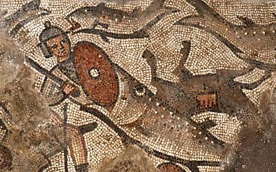 A fish swallows an Egyptian soldier in a mosaic scene depicting the splitting of the Red Sea from the Exodus story, from the 5th-century synagogue at Huqoq, in northern Israel, unveiled in 2017. (Jim Haberman/University of North Carolina Chapel Hill)
