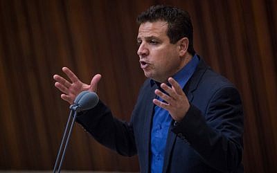 Joint (Arab) List chairman Ayman Odeh addresses a question to Prime Minister Benjamin Netanyahu in the assembly hall of the parliament, July 18, 2016. (Hadas Parush/Flash90)