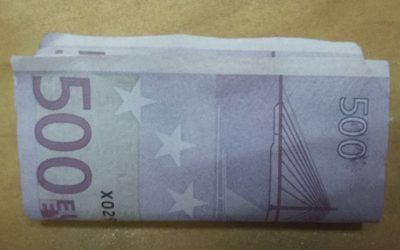 A wad of Euros confiscated by Israeli security forces as a Palestinian man attempted to smuggle the money into Gaza Strip through the Erez Crossing in June 2016. (Shin Bet)