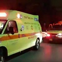 Magen David Adom ambulances evacuating wounded people to Soroka Hospital Beersheba after a brawl in the Bedouin community of Kuseife, July 31, 2016. (YouTube/Times of Israel)