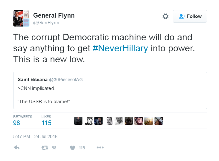 Screen capture of a retweet by former US Army general Michael Flynn of an anti-Semitic remark. 